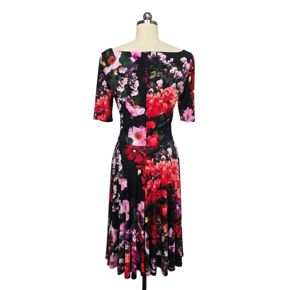 MARC BOUWER Floral Fit Flare Dress Black Red Pink Short Sleeve Size 8‎